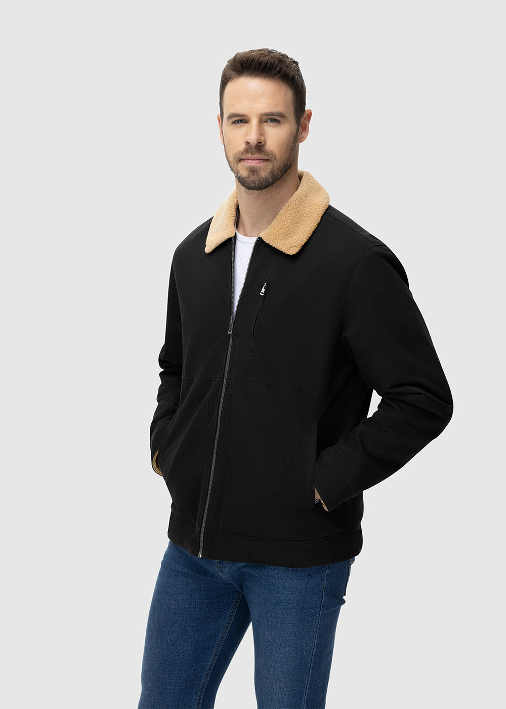 Men's Lapel Warm Full Zip Work Jacket - TBMPOY