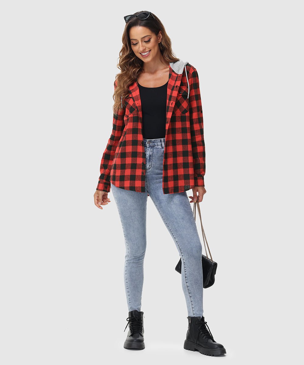 Women's Casual Buffalo Plaid Button Hooded Shirts - TBMPOY