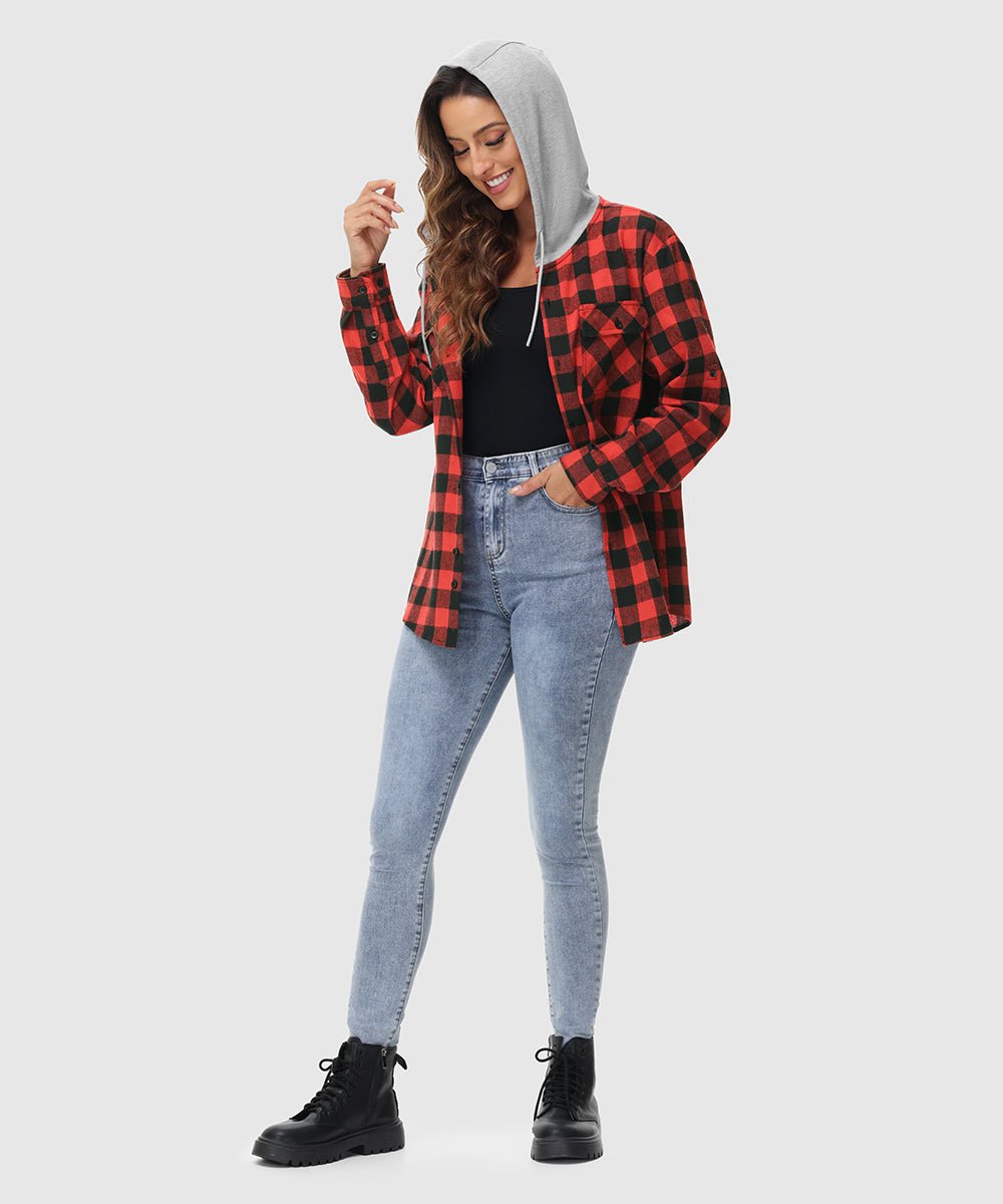 Women's Casual Buffalo Plaid Button Hooded Shirts - TBMPOY