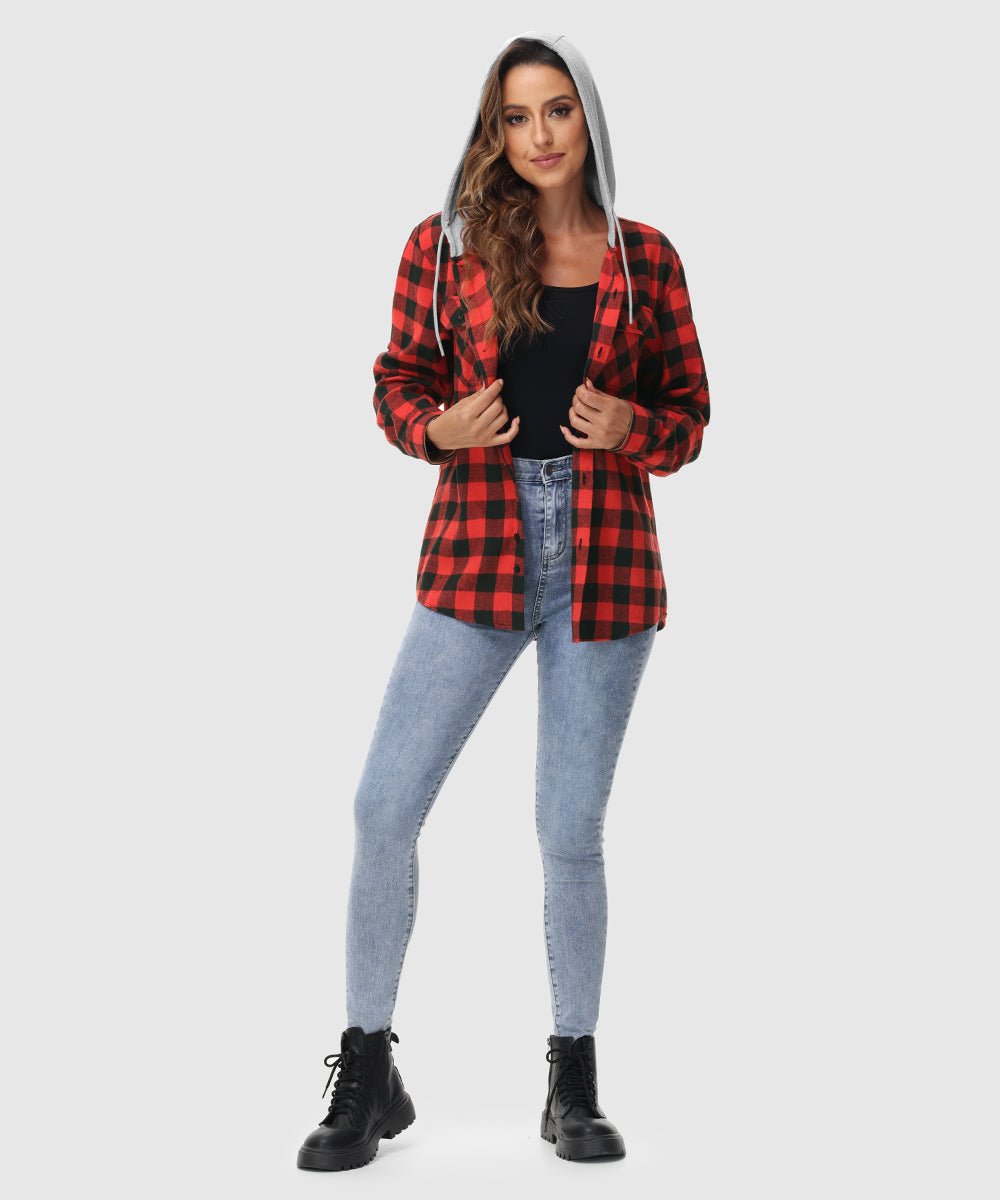 Women's Casual Buffalo Plaid Button Hooded Shirts - TBMPOY