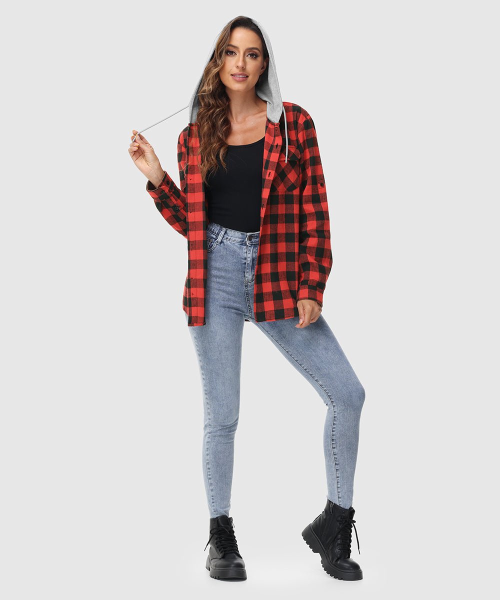 Women's Casual Buffalo Plaid Button Hooded Shirts - TBMPOY