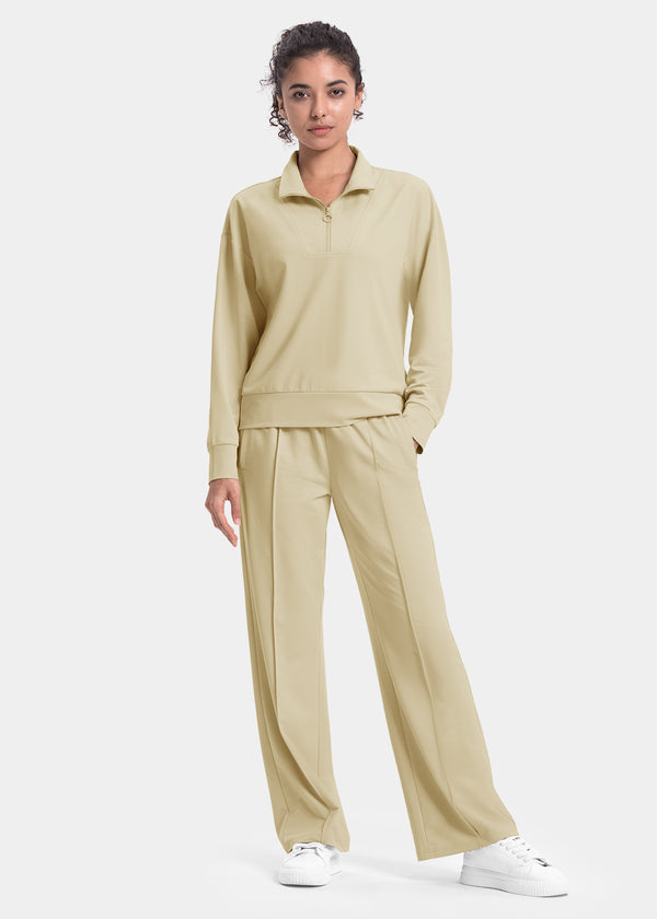 Women's Funnel-Neck Half Zip Pullover and Wide Leg Pants Lounge Sets