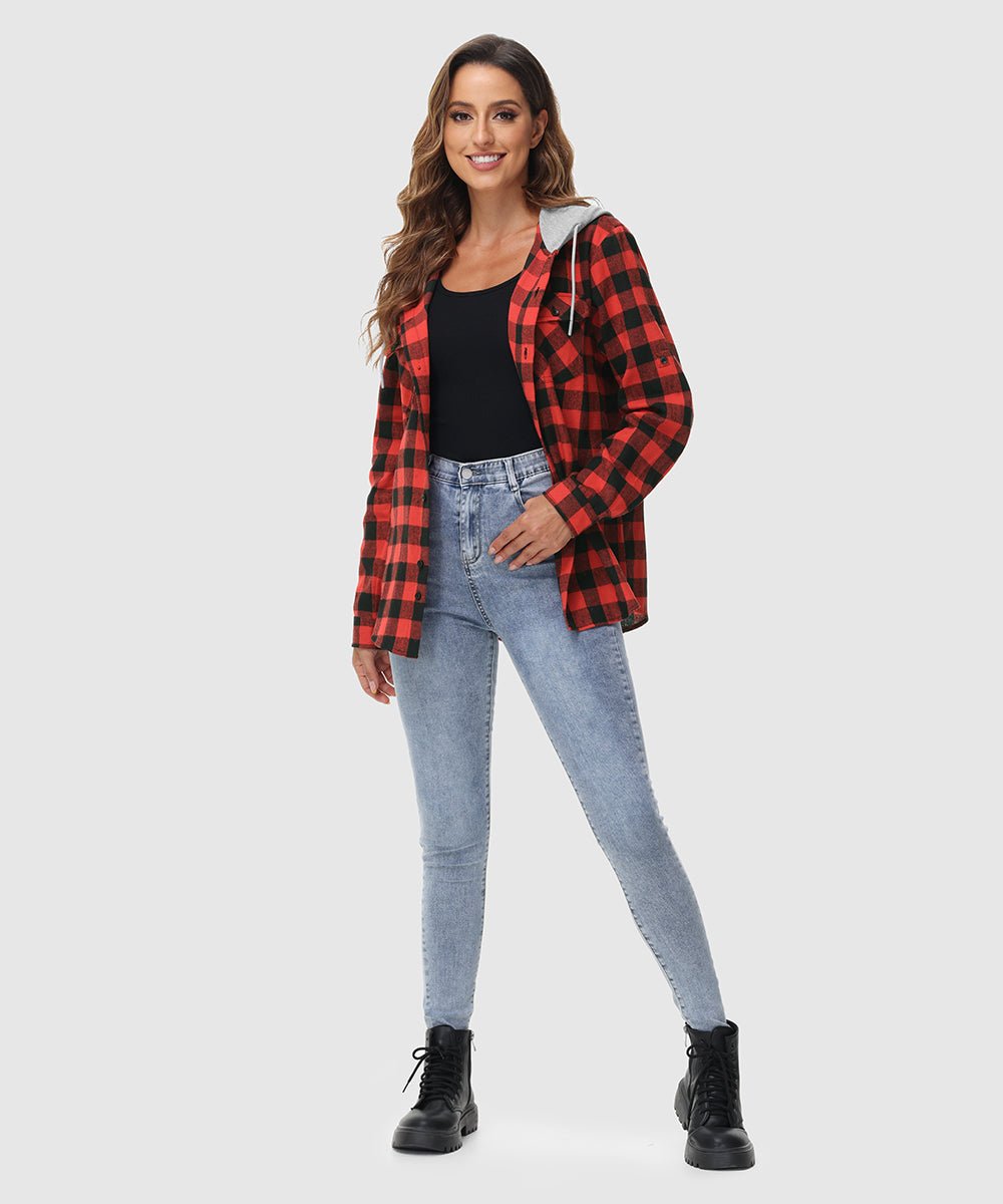 Women's Casual Buffalo Plaid Button Hooded Shirts - TBMPOY