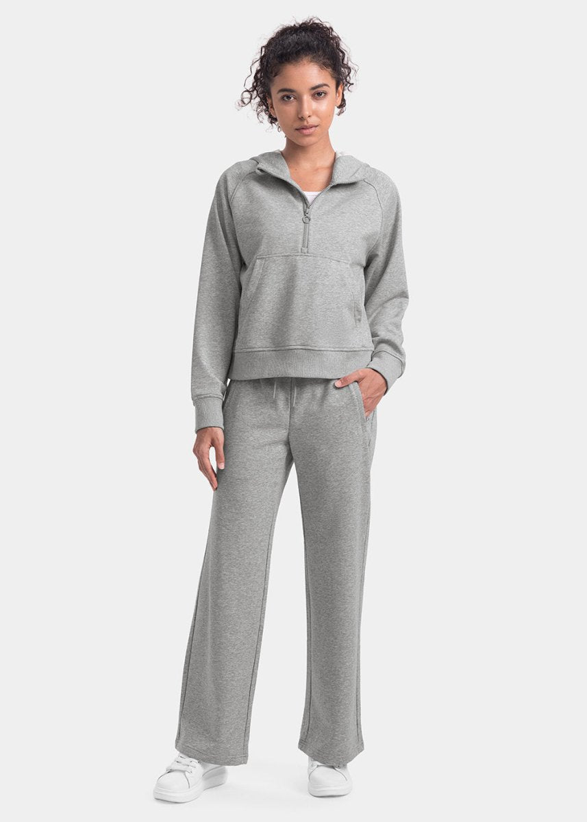 Women's 1/2 Zip Hooded Pullover And Wide Leg Pants Casual Set - TBMPOY