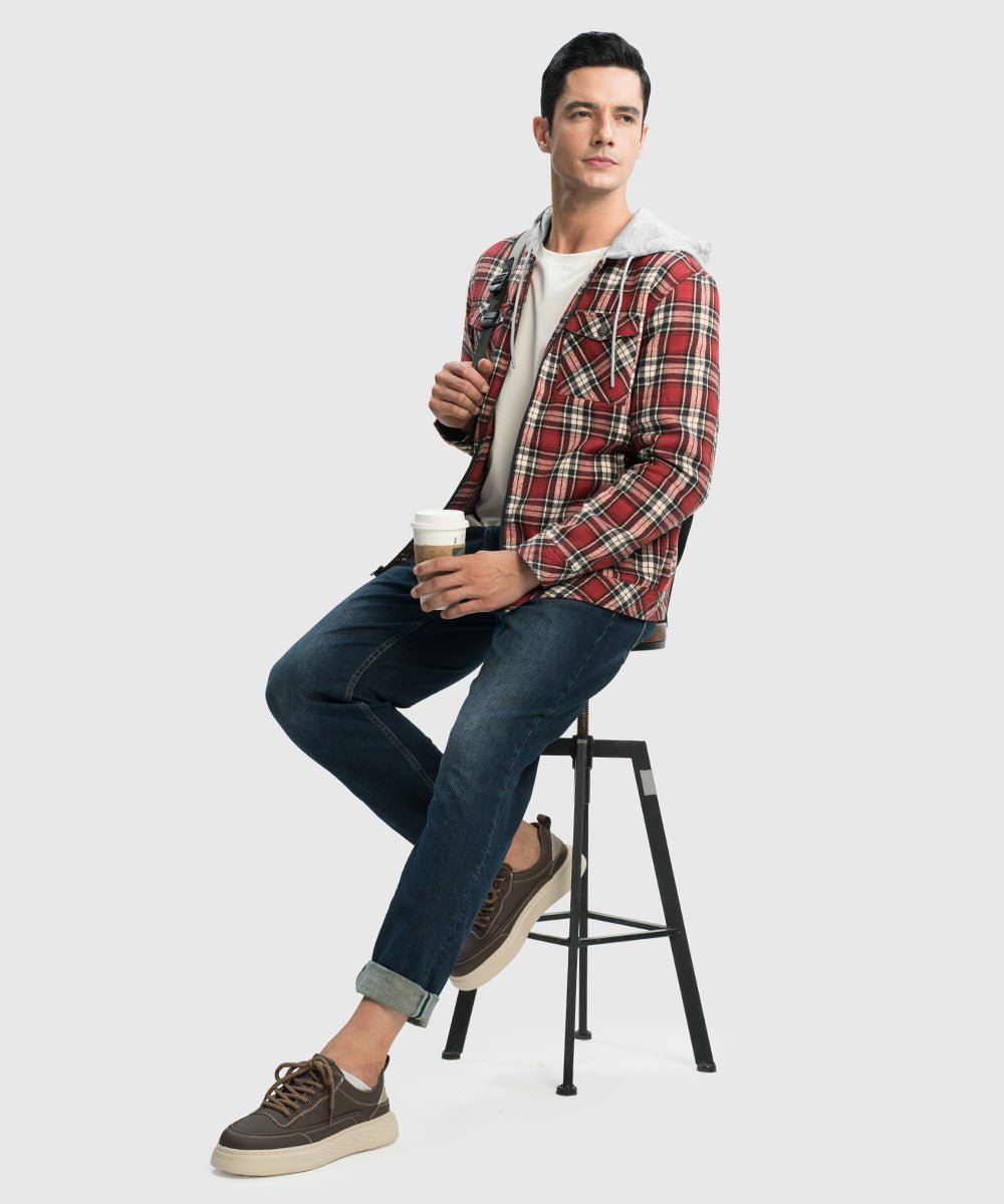 Men's Fleece Buffalo Plaid Button - Down Hooded Shirt - TBMPOY