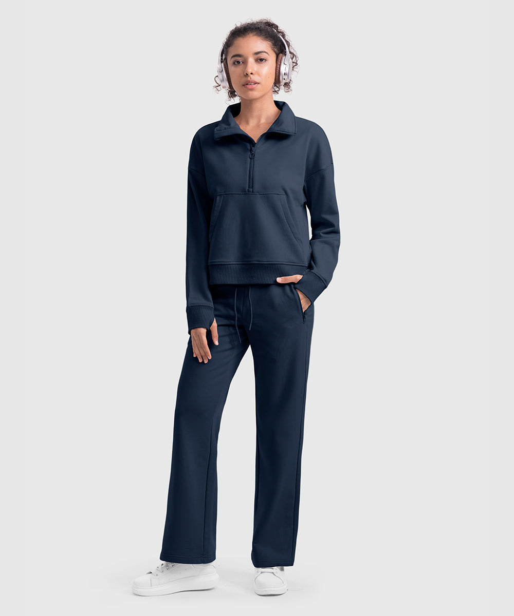 Women's 1/2 Zip Stand collar Pullover And Wide Leg Pants - TBMPOY