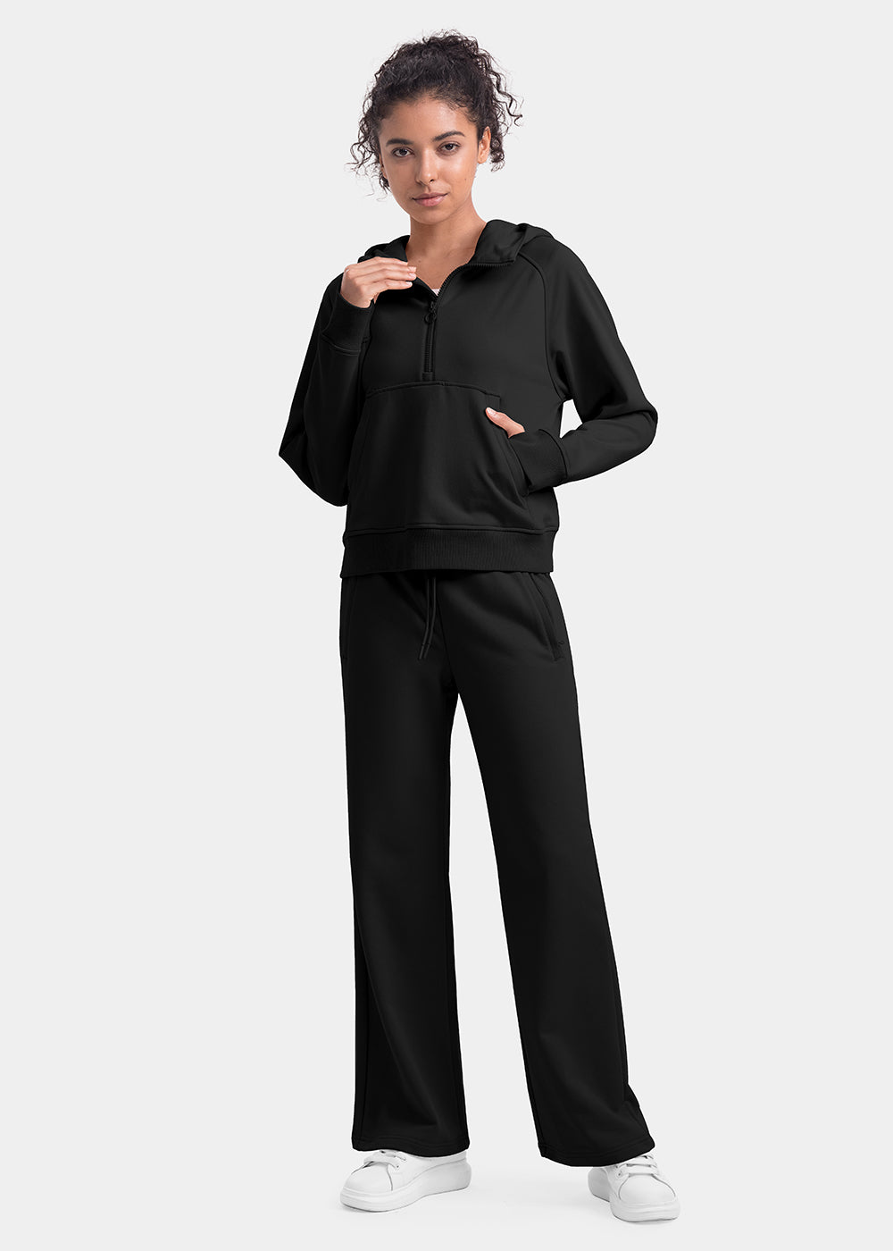 Women's 1/2 Zip Hooded Pullover And Wide Leg Pants Casual Set - TBMPOY