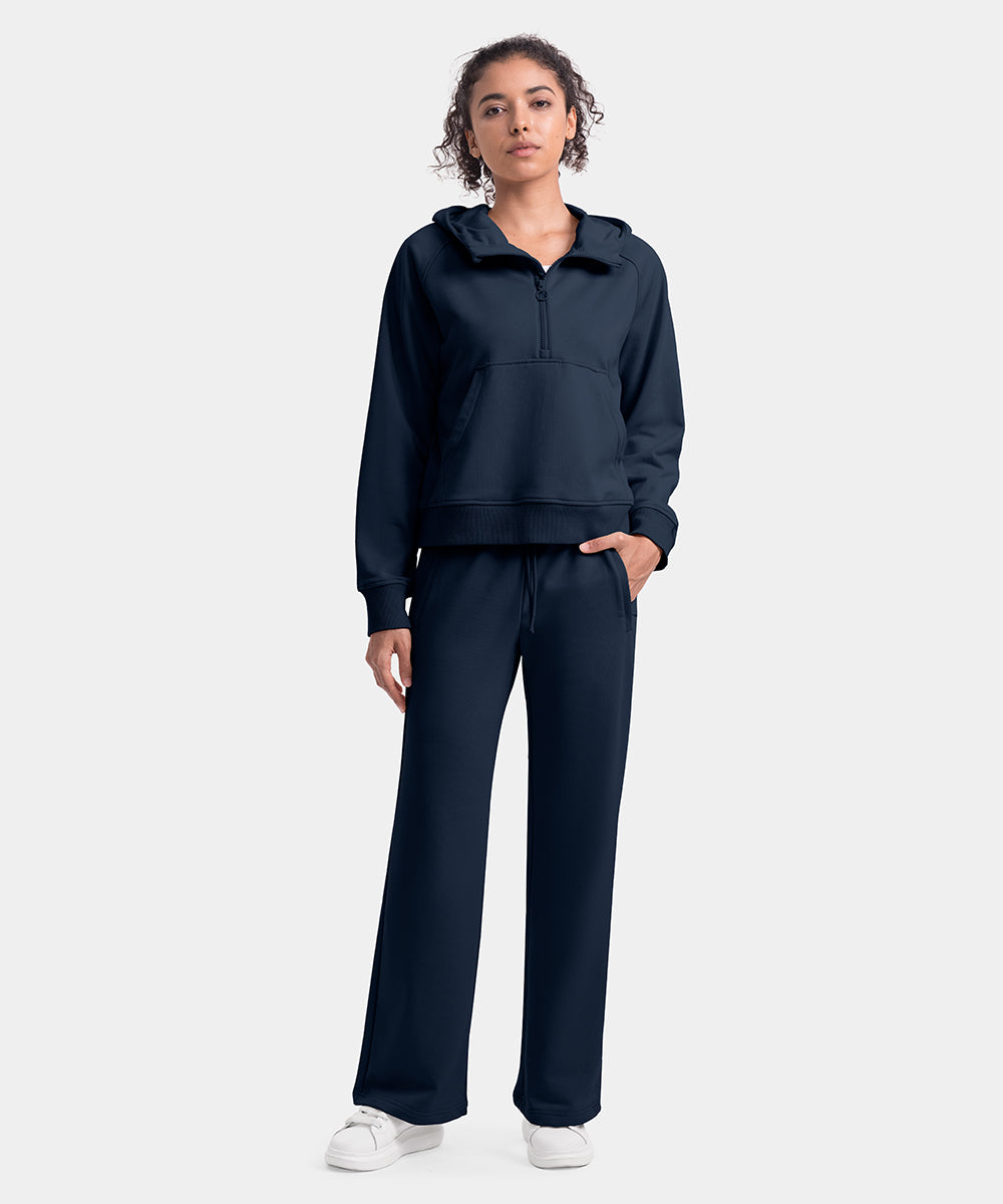 Women's 1/2 Zip Hooded Pullover And Wide Leg Pants Casual Set - TBMPOY