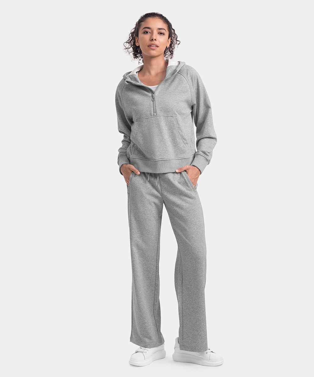 Women's 1/2 Zip Hooded Pullover And Wide Leg Pants Casual Set - TBMPOY