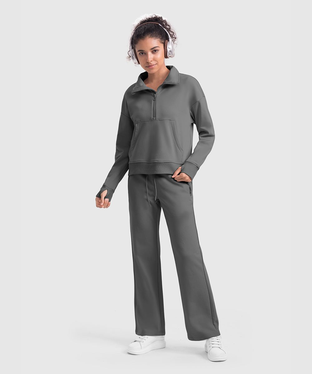 Women's 1/2 Zip Stand collar Pullover And Wide Leg Pants - TBMPOY