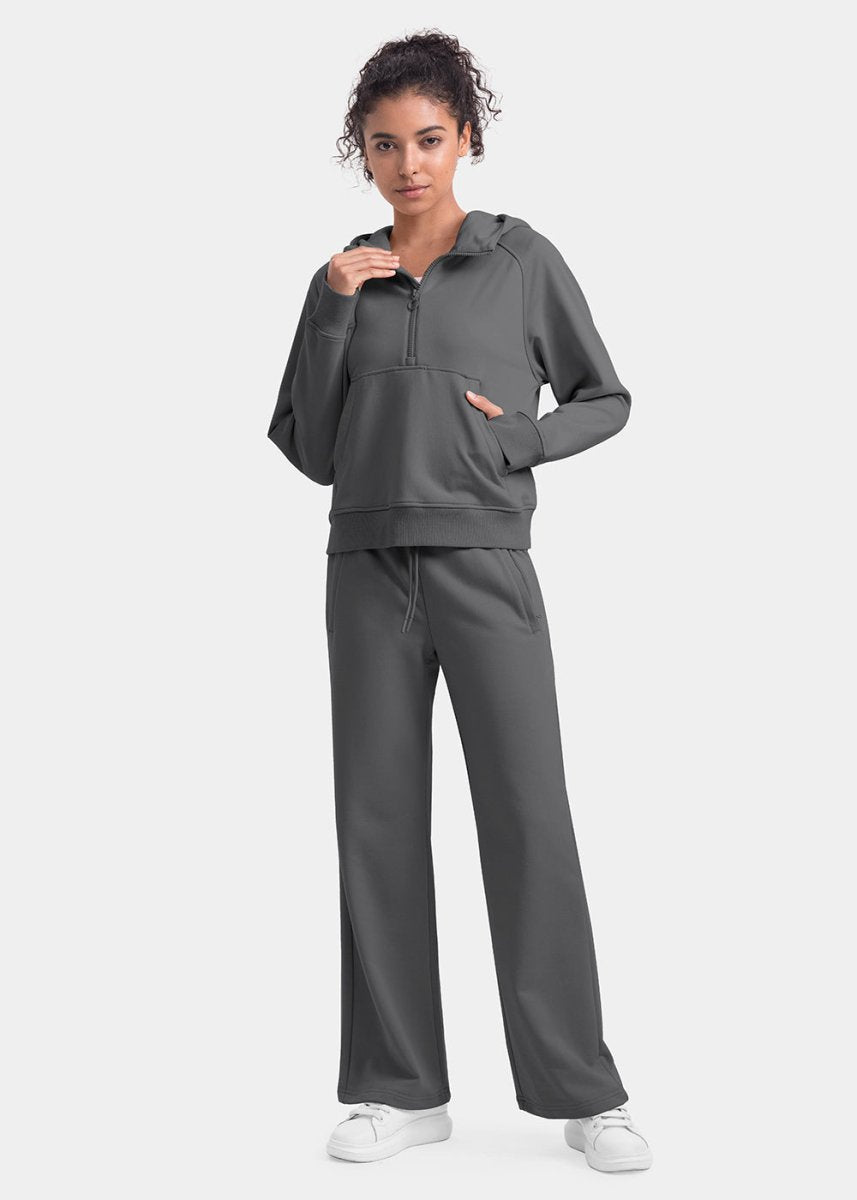 Women's 1/2 Zip Hooded Pullover And Wide Leg Pants Casual Set - TBMPOY