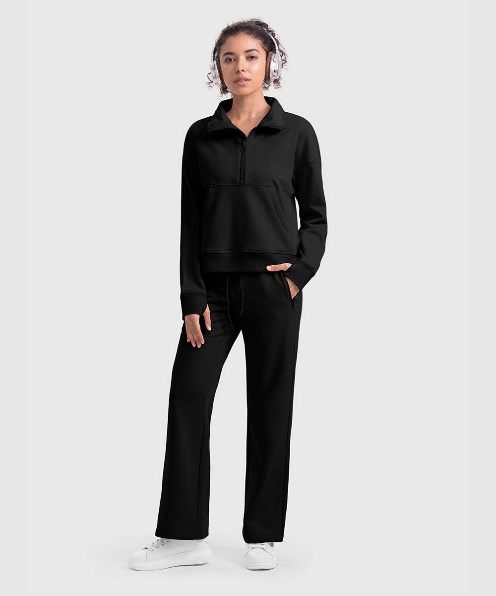 Women's 1/2 Zip Stand collar Pullover And Wide Leg Pants - TBMPOY