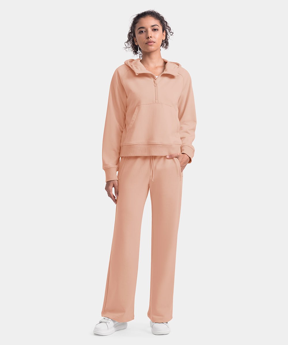 Women's 1/2 Zip Hooded Pullover And Wide Leg Pants Casual Set - TBMPOY