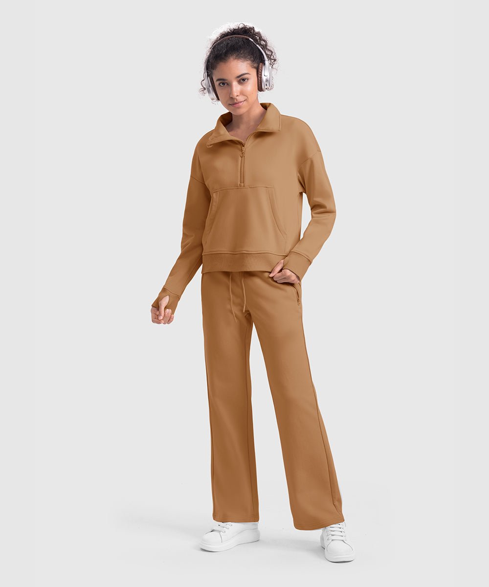 Women's 1/2 Zip Stand collar Pullover And Wide Leg Pants - TBMPOY