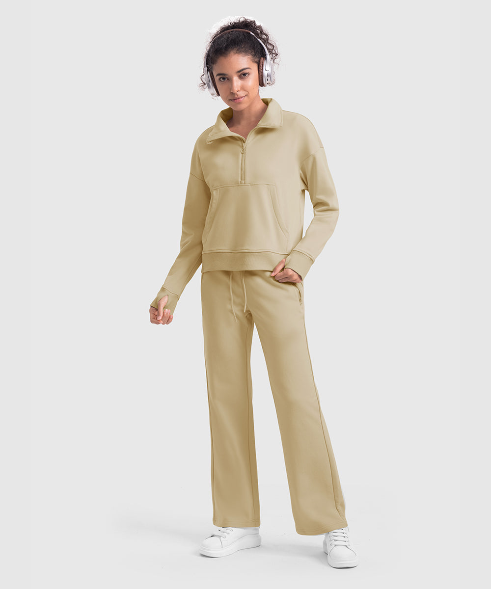 Women's 1/2 Zip Stand collar Pullover And Wide Leg Pants - TBMPOY