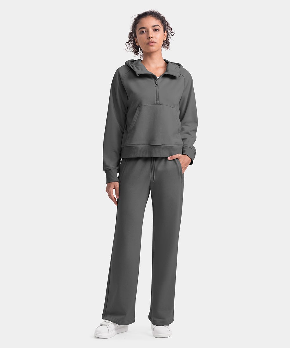 Women's 1/2 Zip Hooded Pullover And Wide Leg Pants Casual Set - TBMPOY