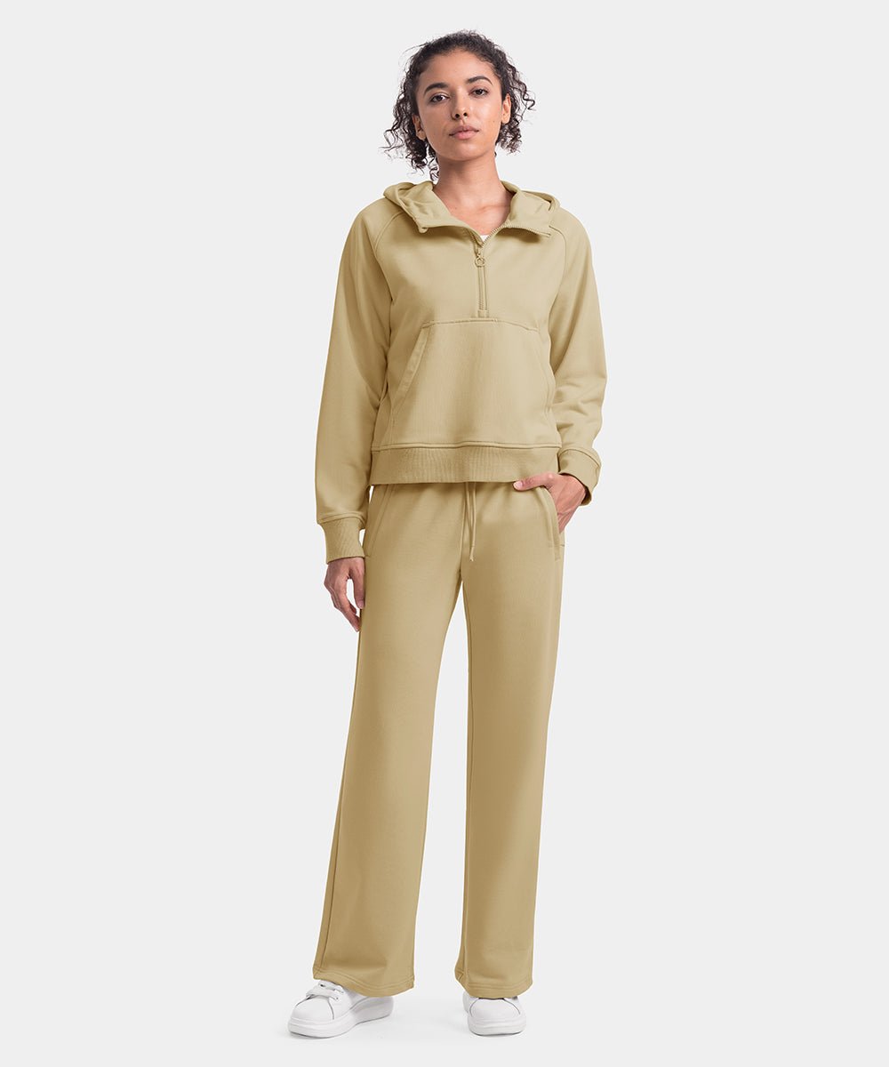 Women's 1/2 Zip Hooded Pullover And Wide Leg Pants Casual Set - TBMPOY