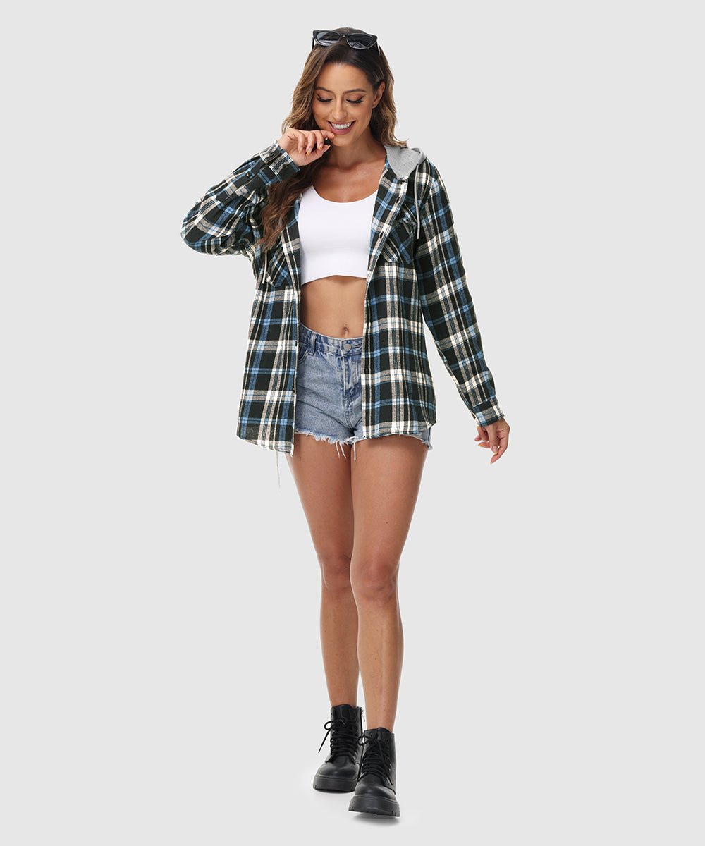 Women's Casual Buffalo Plaid Button Hooded Shirts - TBMPOY