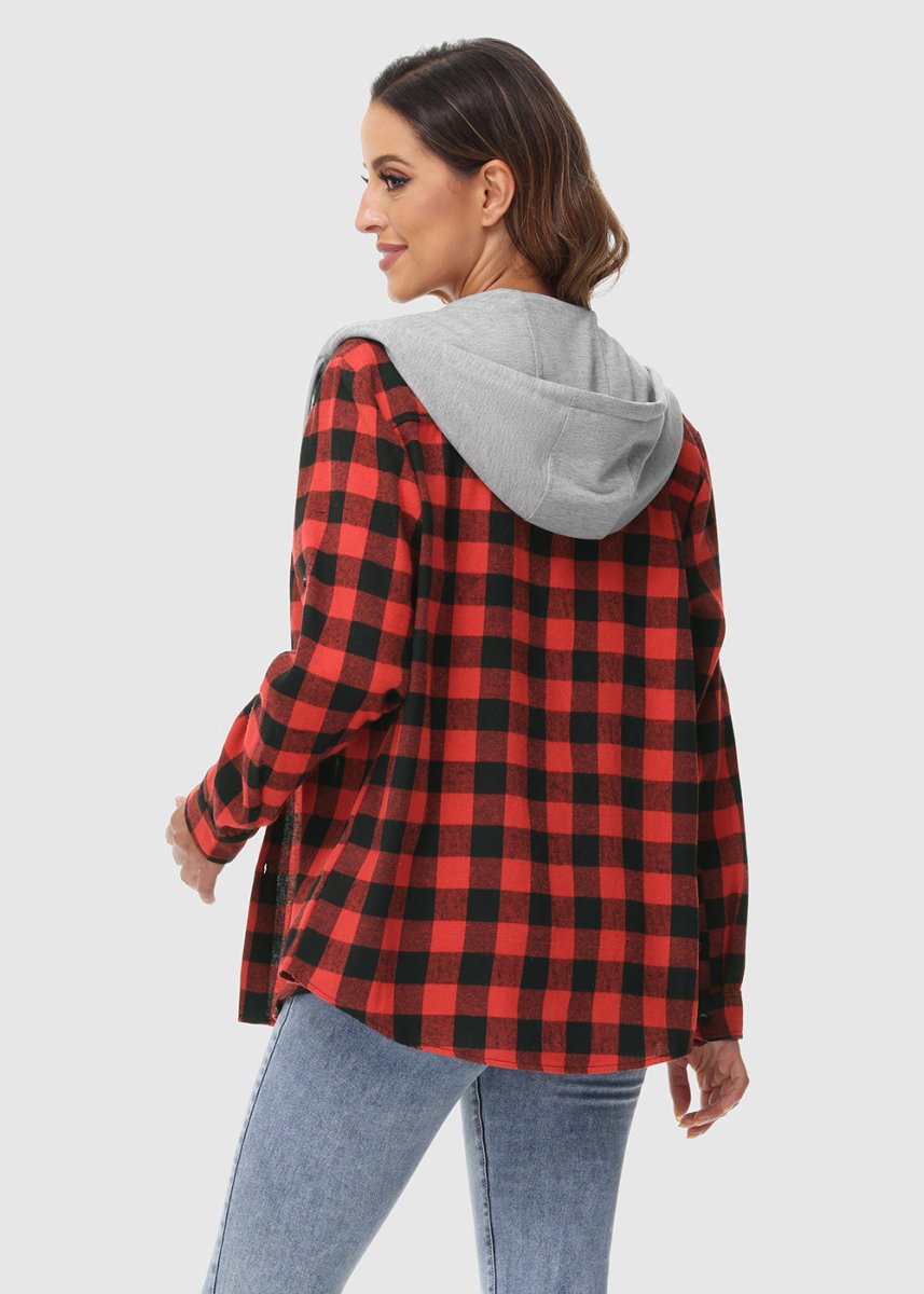 Women's Casual Buffalo Plaid Button Hooded Shirts - TBMPOY