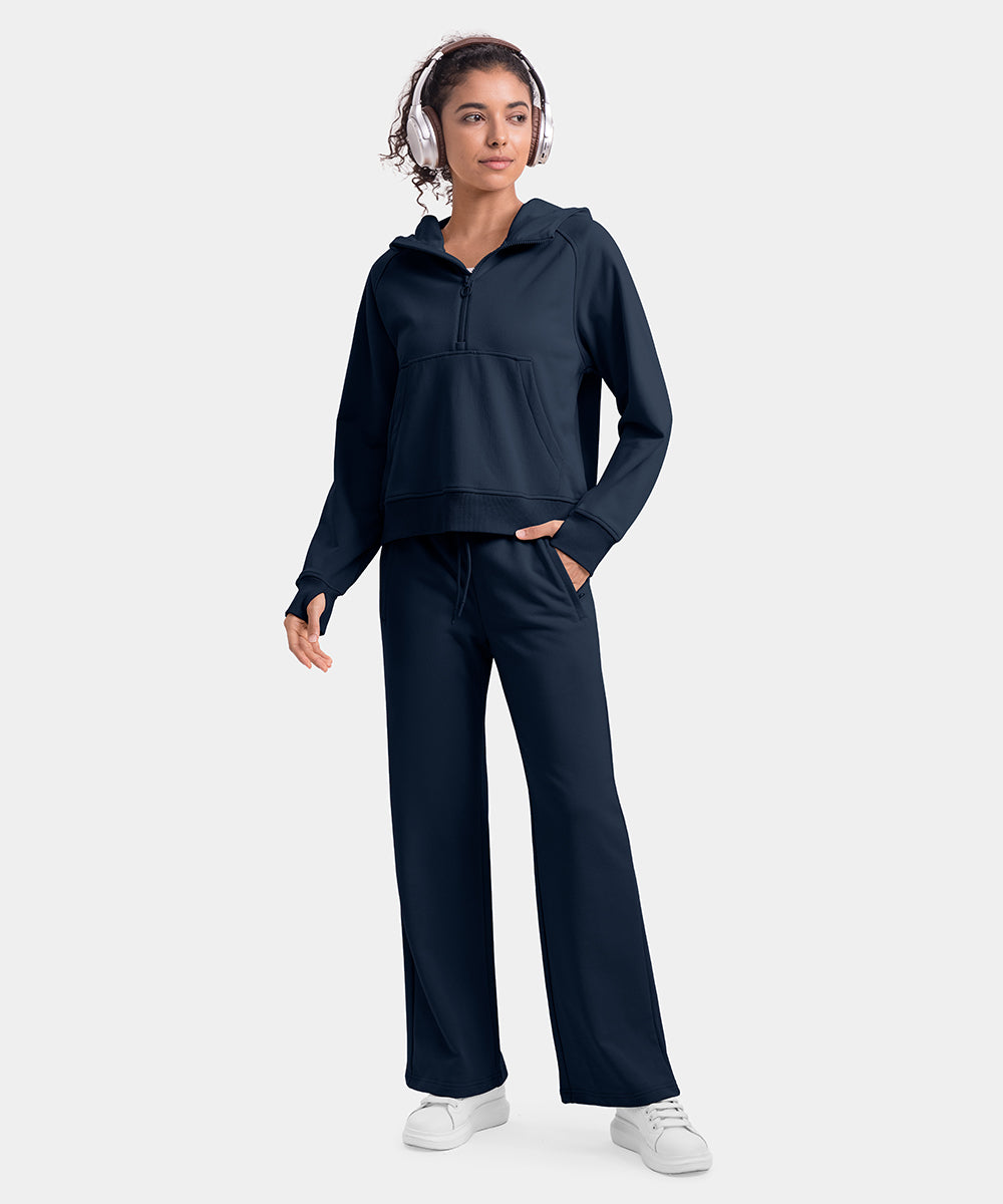 Women's 1/2 Zip Hooded Pullover And Wide Leg Pants Casual Set - TBMPOY