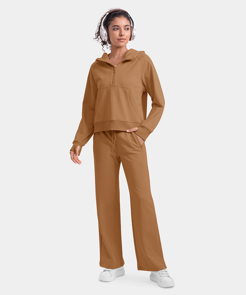 Women's 1/2 Zip Hooded Pullover And Wide Leg Pants Casual Set - TBMPOY