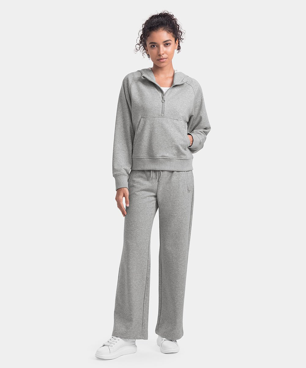 Women's 1/2 Zip Hooded Pullover And Wide Leg Pants Casual Set - TBMPOY