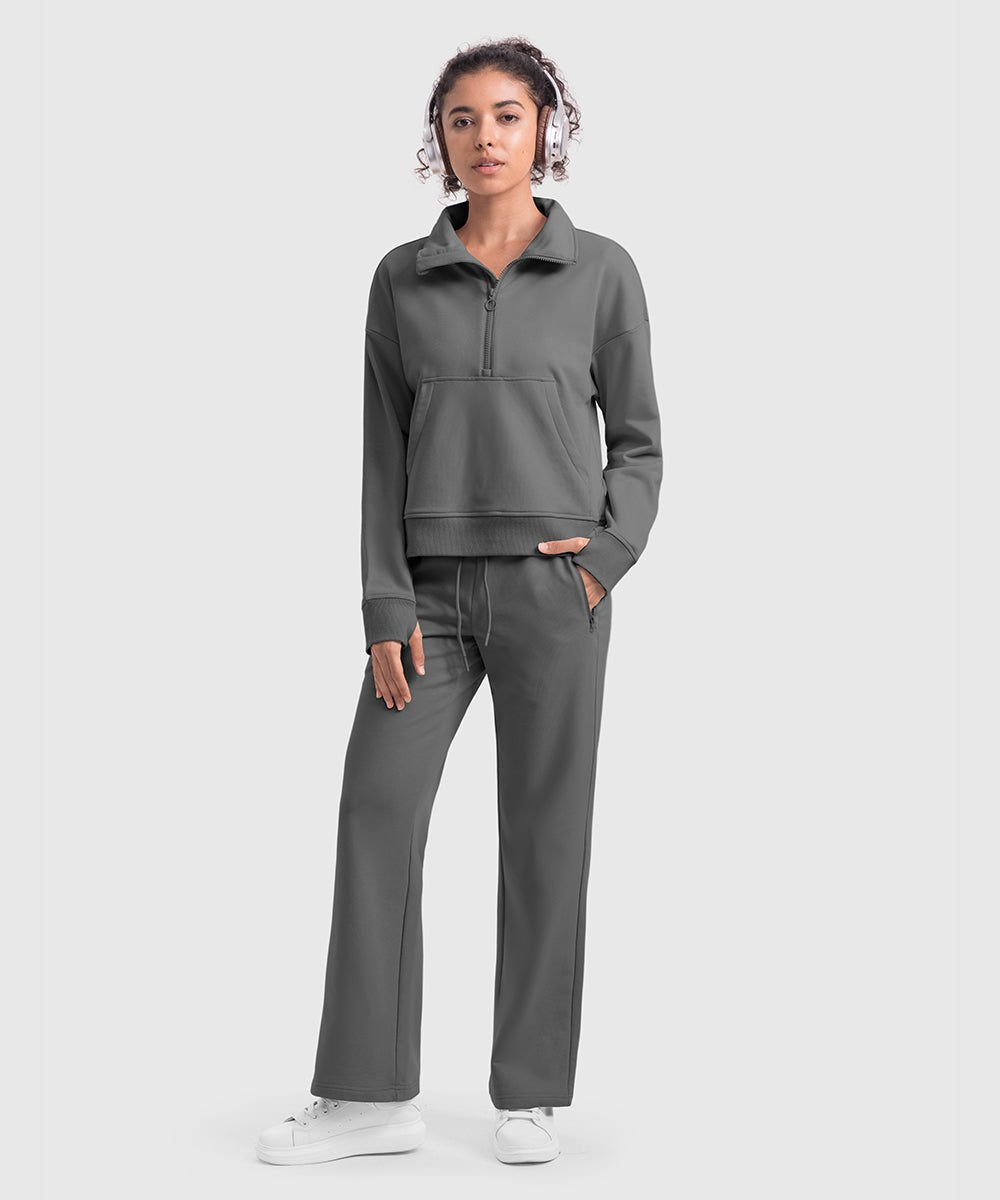 Women's 1/2 Zip Stand collar Pullover And Wide Leg Pants - TBMPOY