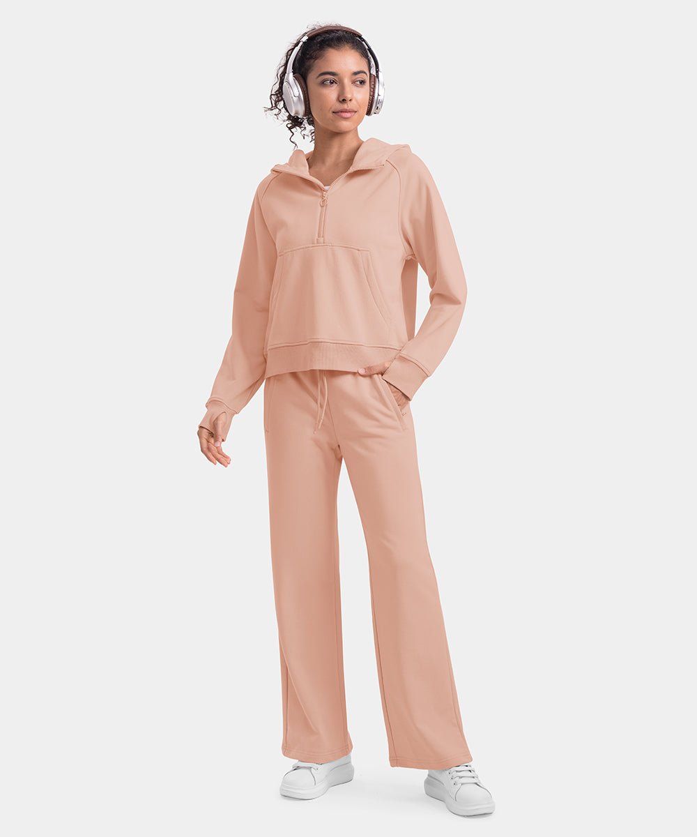 Women's 1/2 Zip Hooded Pullover And Wide Leg Pants Casual Set - TBMPOY