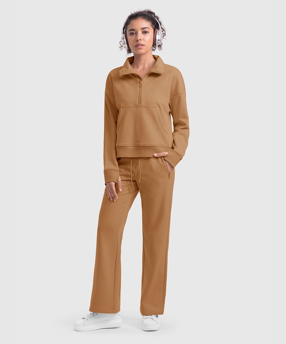 Women's 1/2 Zip Stand collar Pullover And Wide Leg Pants - TBMPOY