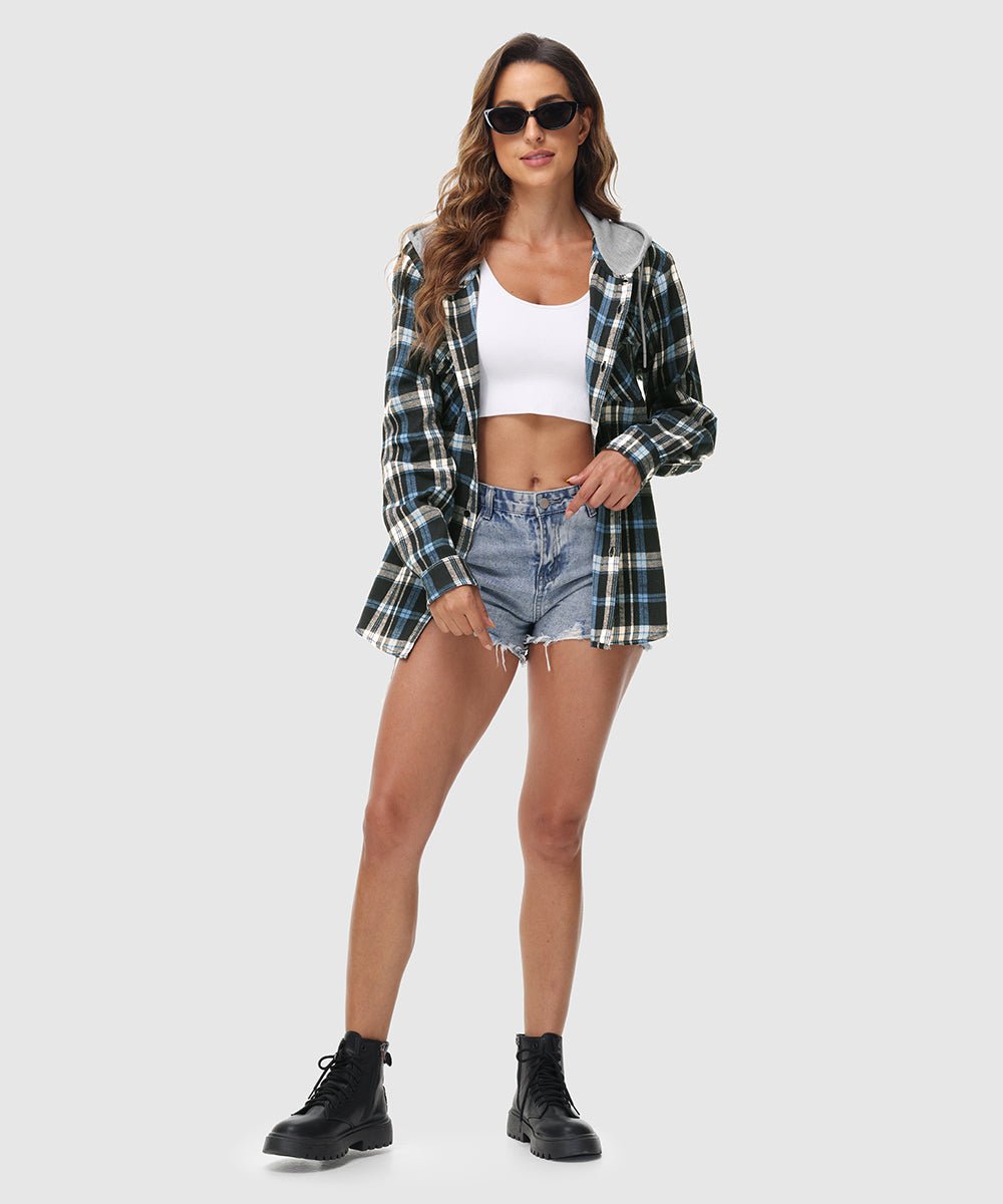 Women's Casual Buffalo Plaid Button Hooded Shirts - TBMPOY