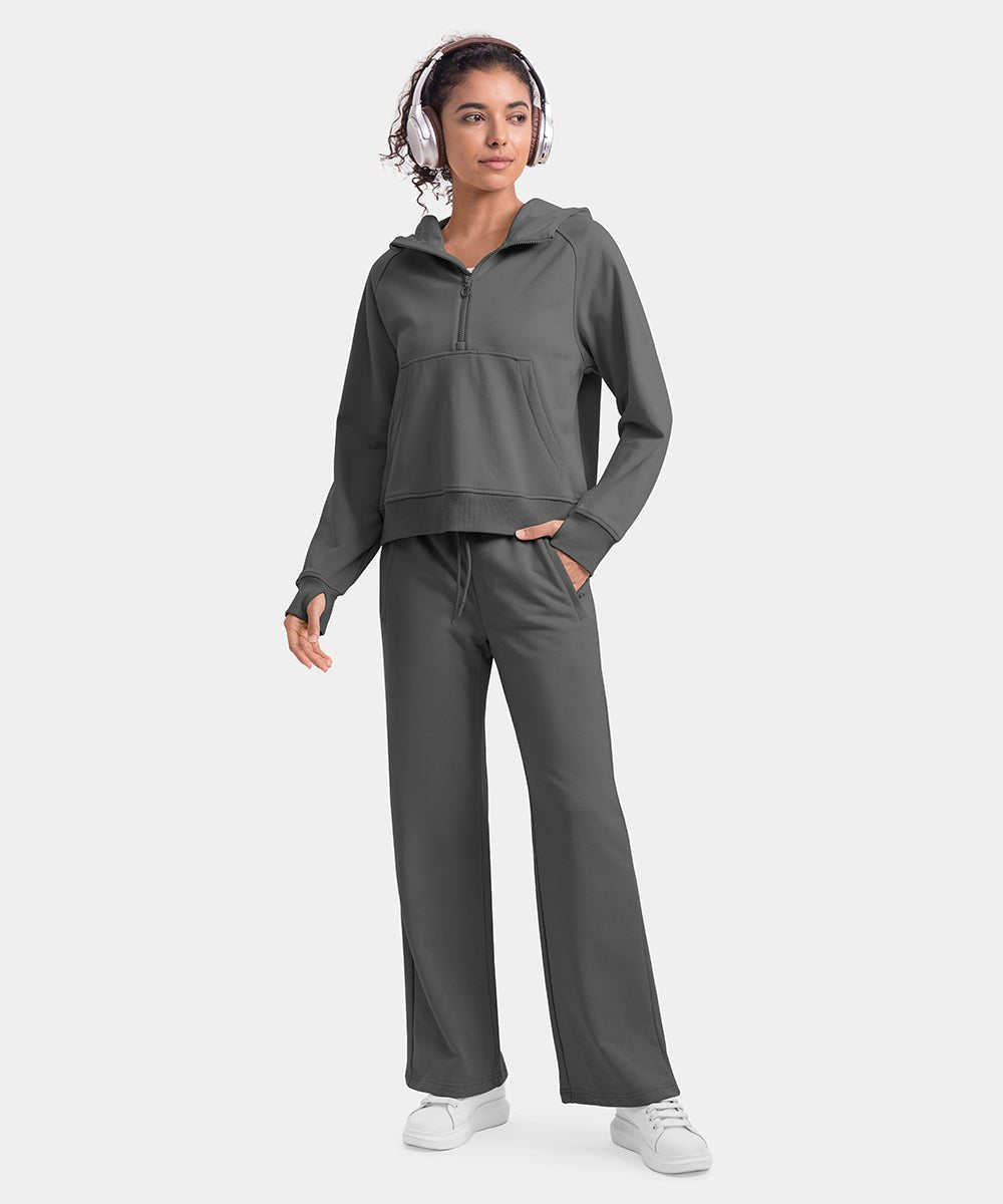 Women's 1/2 Zip Hooded Pullover And Wide Leg Pants Casual Set - TBMPOY