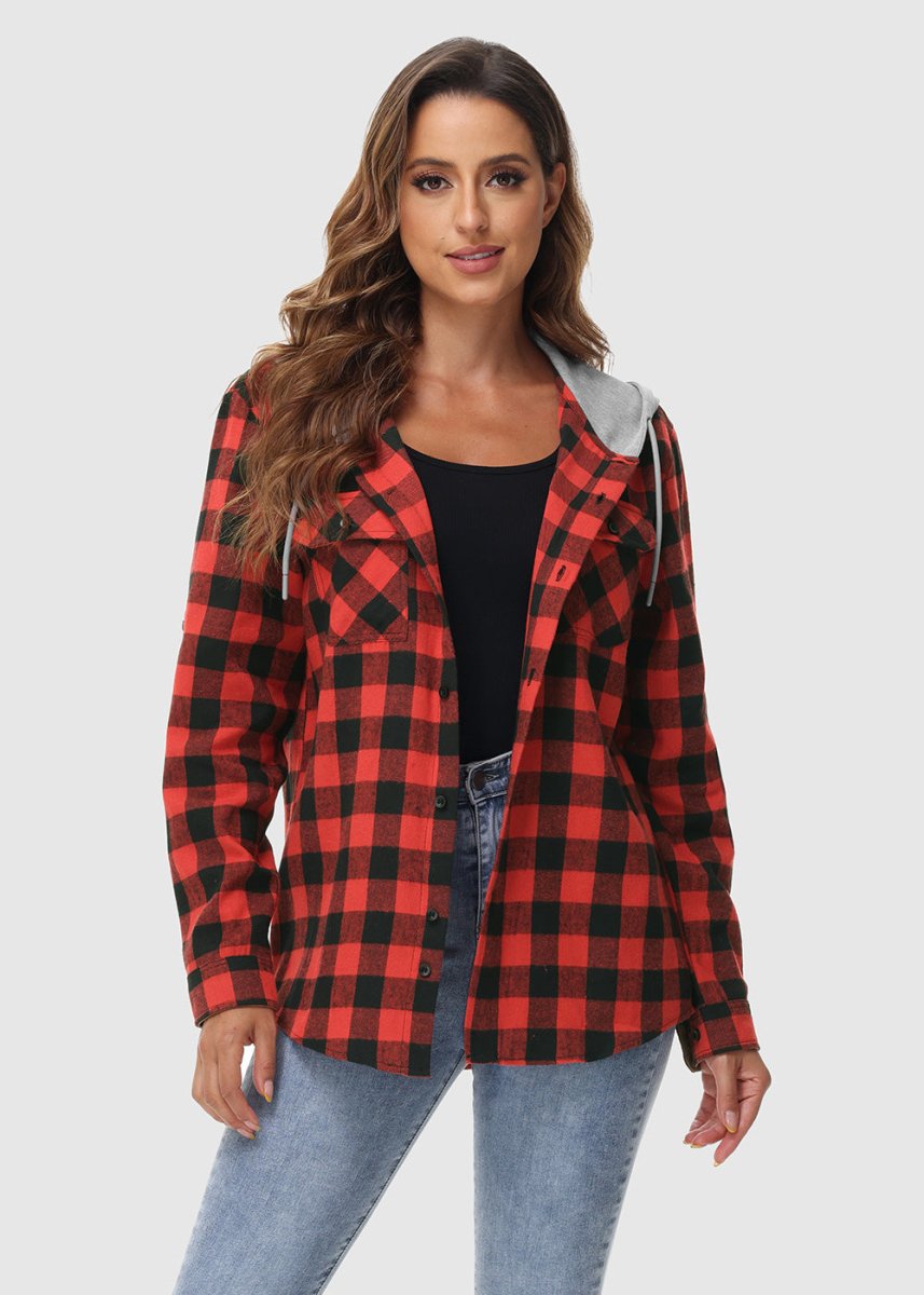 Women's Casual Buffalo Plaid Button Hooded Shirts - TBMPOY