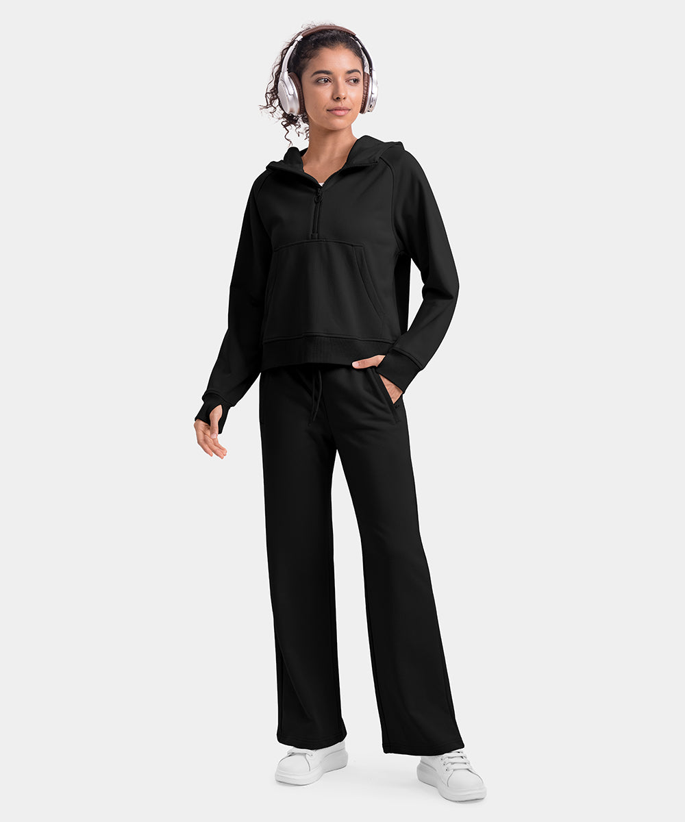 Women's 1/2 Zip Hooded Pullover And Wide Leg Pants Casual Set - TBMPOY