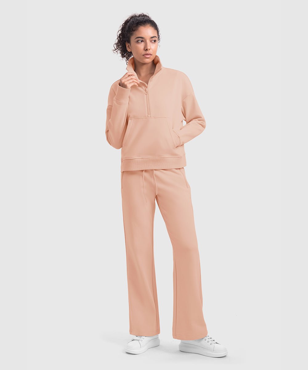 Women's 1/2 Zip Stand collar Pullover And Wide Leg Pants - TBMPOY