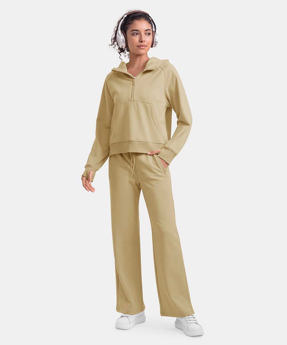 Women's 1/2 Zip Hooded Pullover And Wide Leg Pants Casual Set - TBMPOY