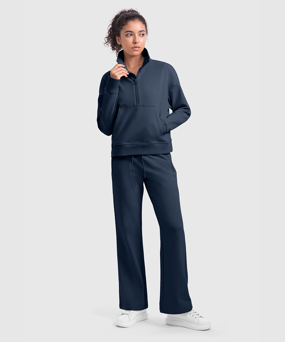 Women's 1/2 Zip Stand collar Pullover And Wide Leg Pants - TBMPOY