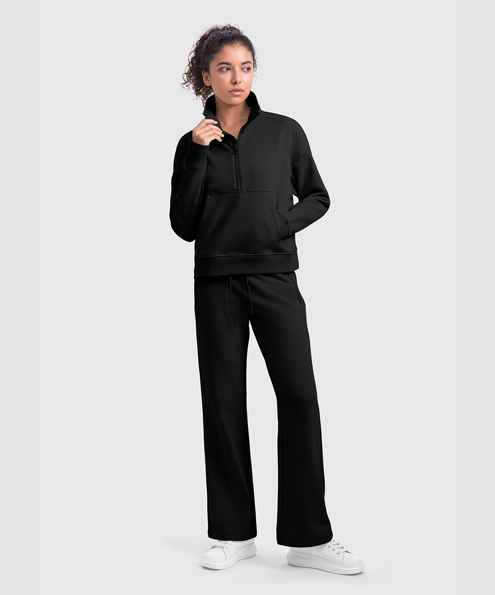 Women's 1/2 Zip Stand collar Pullover And Wide Leg Pants - TBMPOY