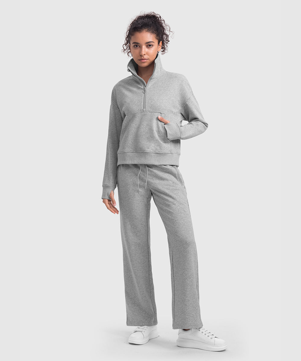 Women's 1/2 Zip Stand collar Pullover And Wide Leg Pants - TBMPOY