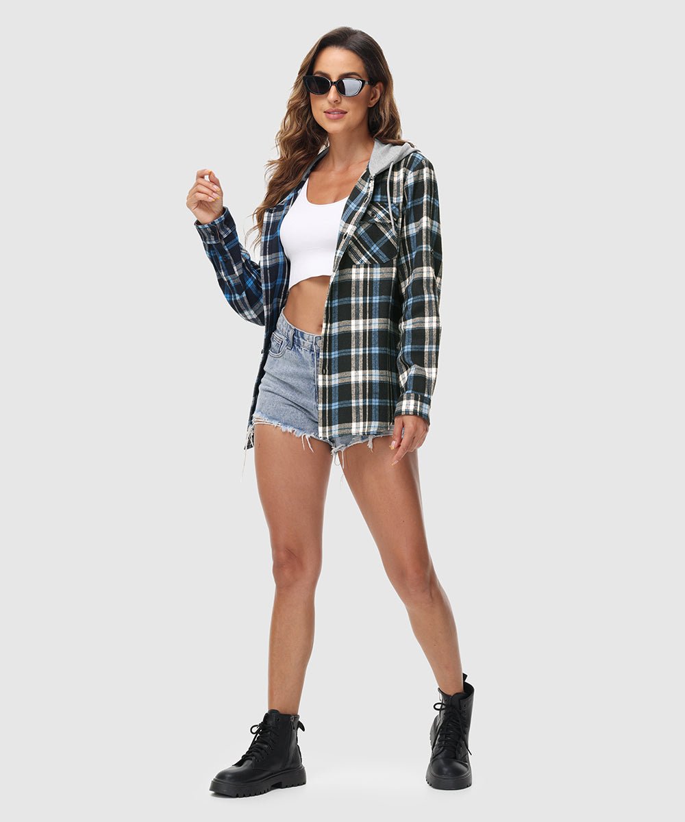 Women's Casual Buffalo Plaid Button Hooded Shirts - TBMPOY