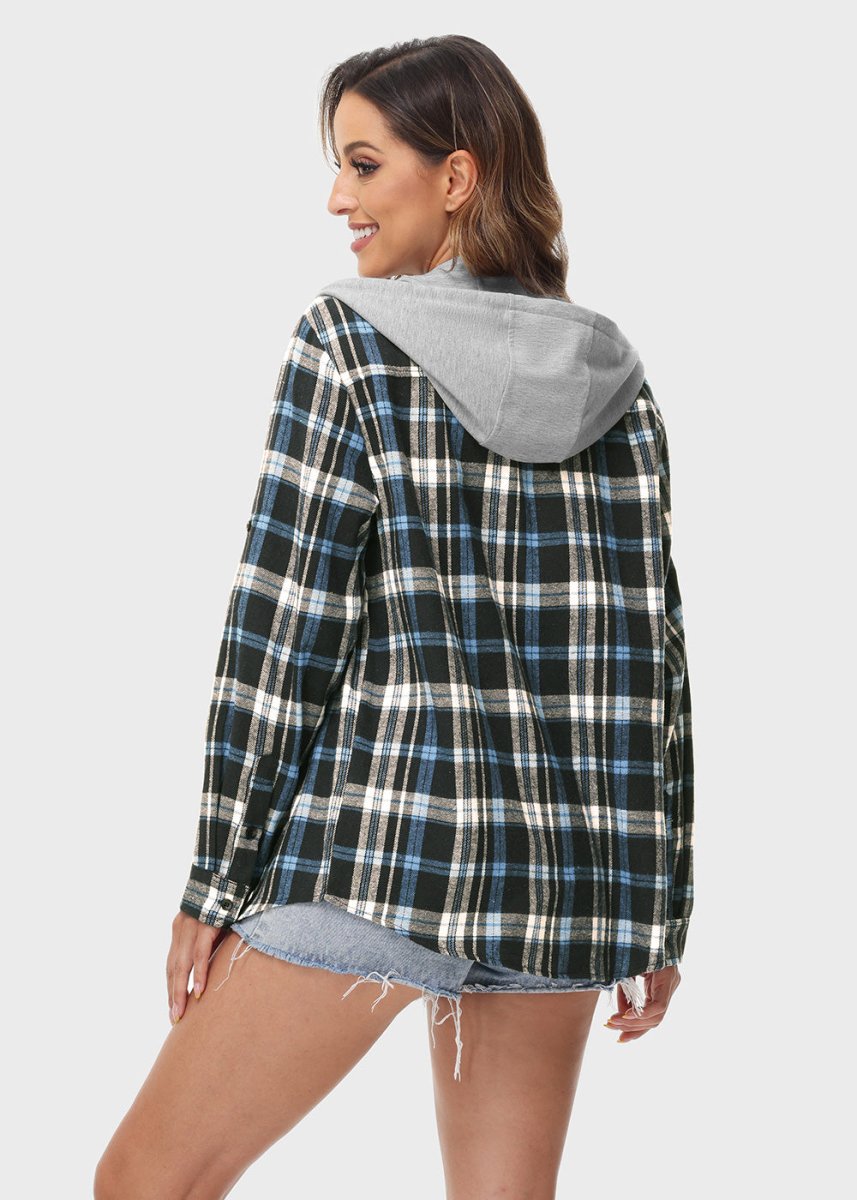 Women's Casual Buffalo Plaid Button Hooded Shirts - TBMPOY