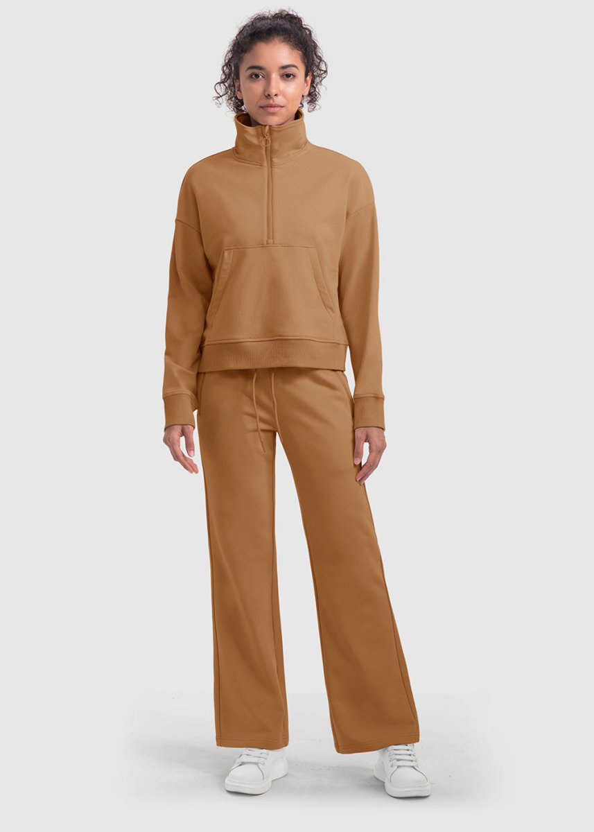 Women's 1/2 Zip Stand collar Pullover And Wide Leg Pants - TBMPOY