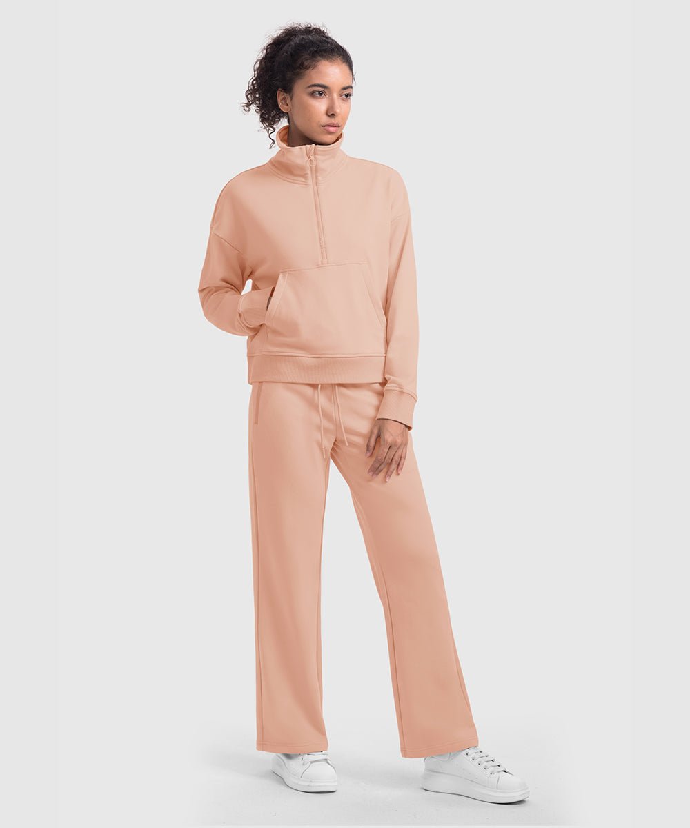 Women's 1/2 Zip Stand collar Pullover And Wide Leg Pants - TBMPOY