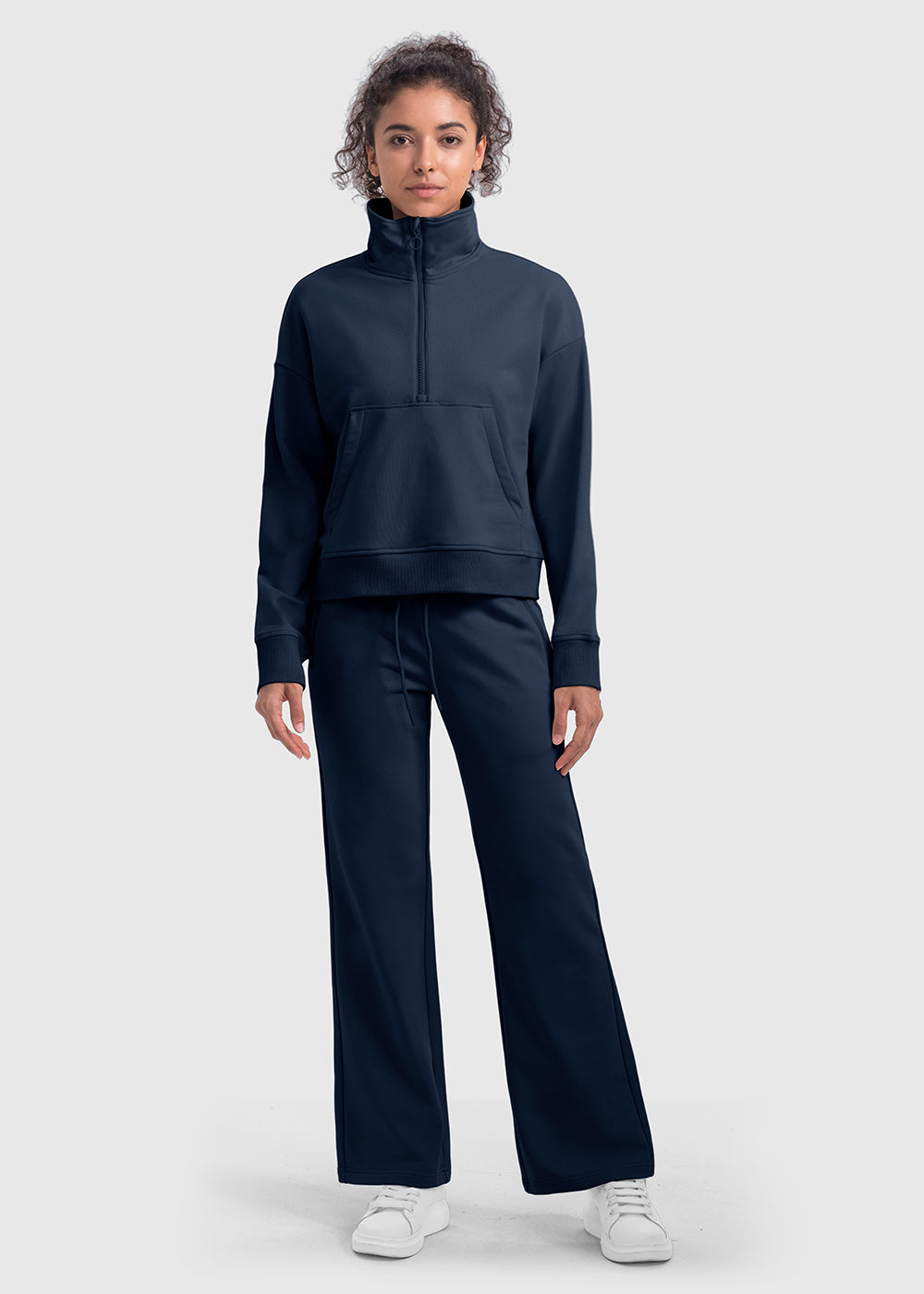 Women's 1/2 Zip Stand collar Pullover And Wide Leg Pants - TBMPOY