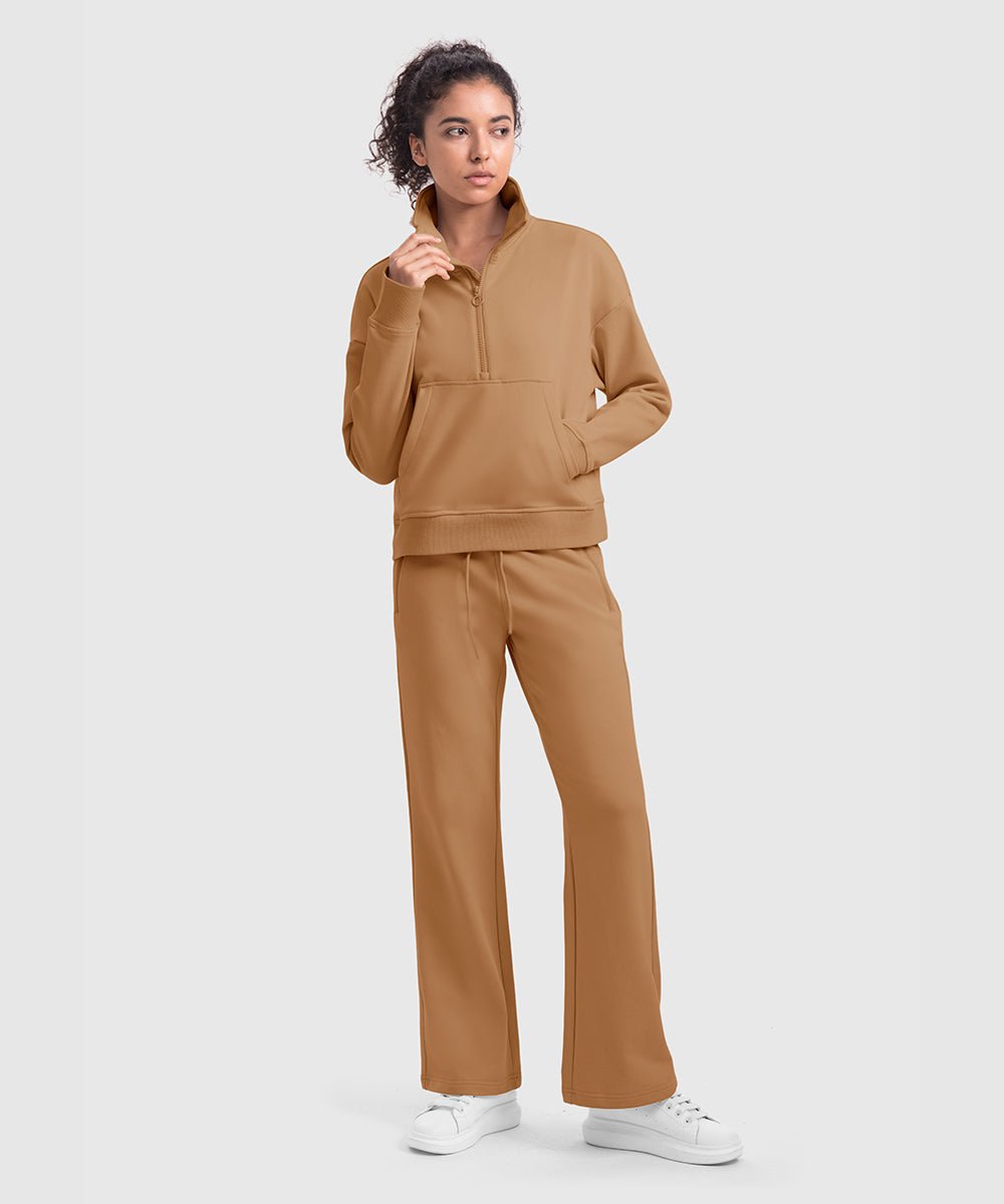 Women's 1/2 Zip Stand collar Pullover And Wide Leg Pants - TBMPOY