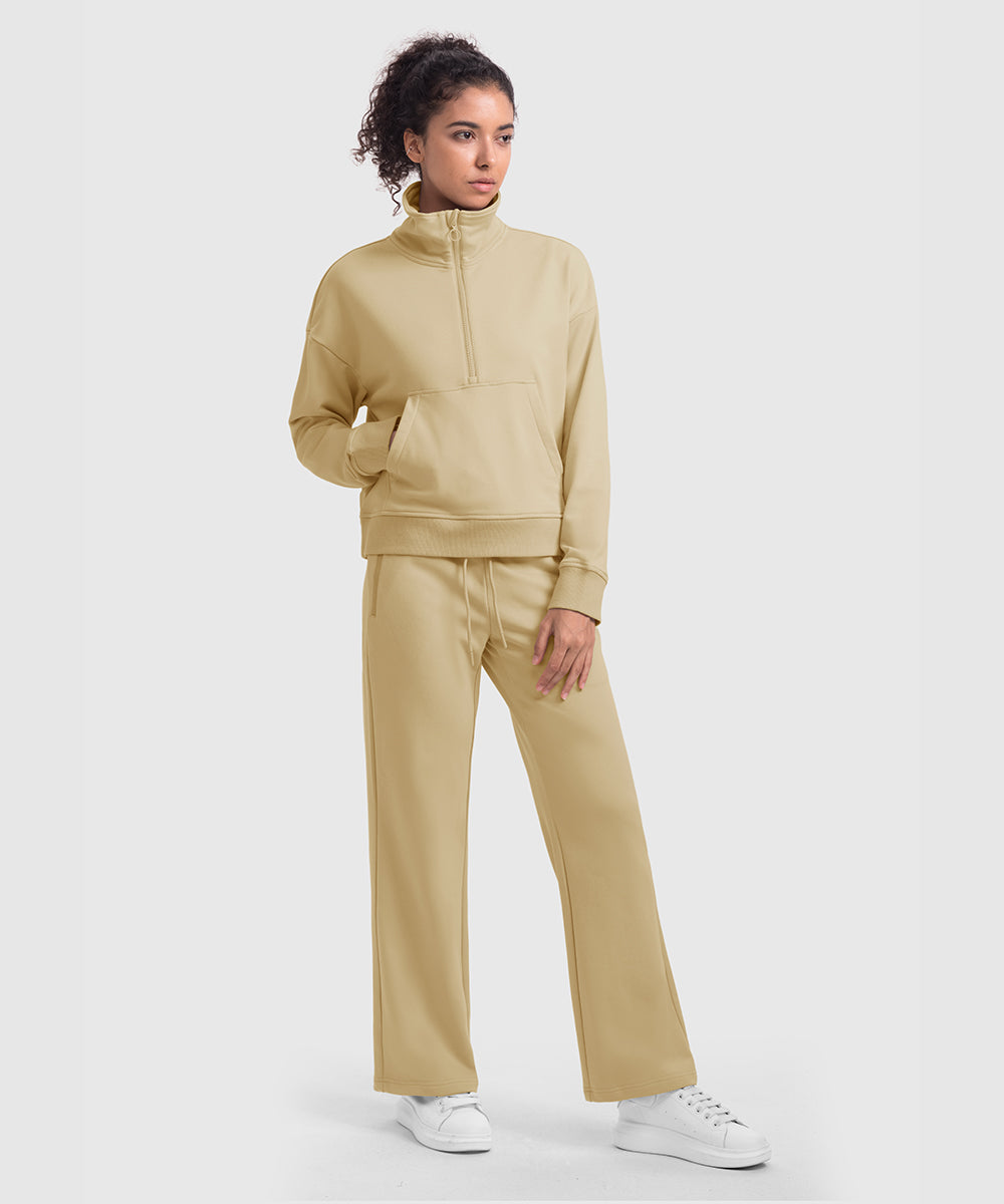 Women's 1/2 Zip Stand collar Pullover And Wide Leg Pants - TBMPOY