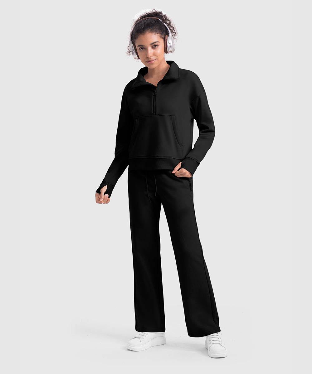 Women's 1/2 Zip Stand collar Pullover And Wide Leg Pants - TBMPOY