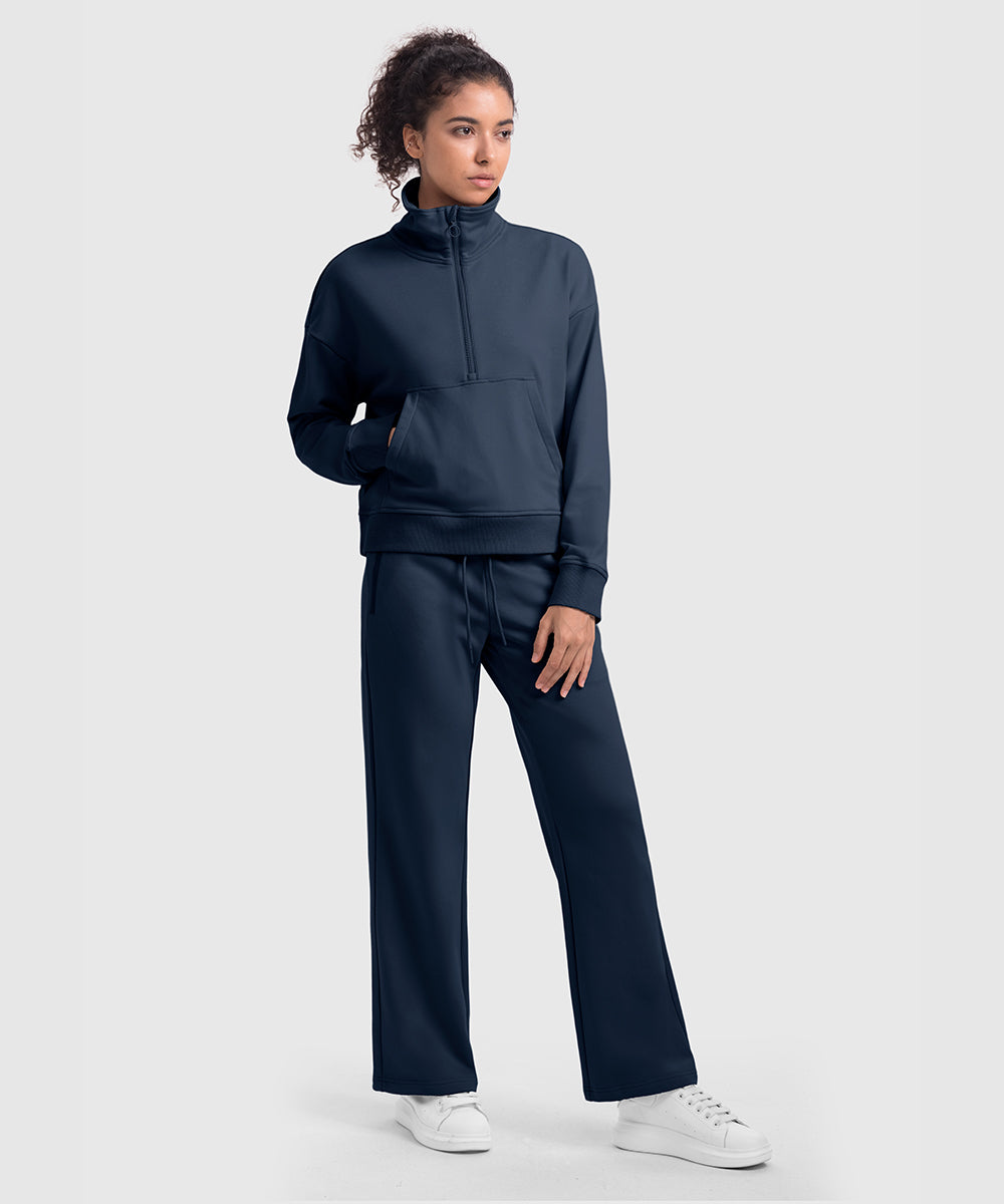 Women's 1/2 Zip Stand collar Pullover And Wide Leg Pants - TBMPOY