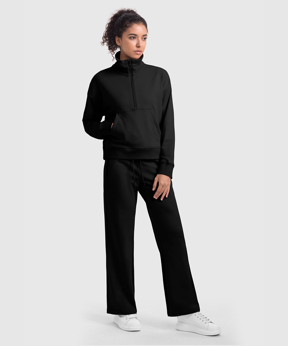 Women's 1/2 Zip Stand collar Pullover And Wide Leg Pants - TBMPOY