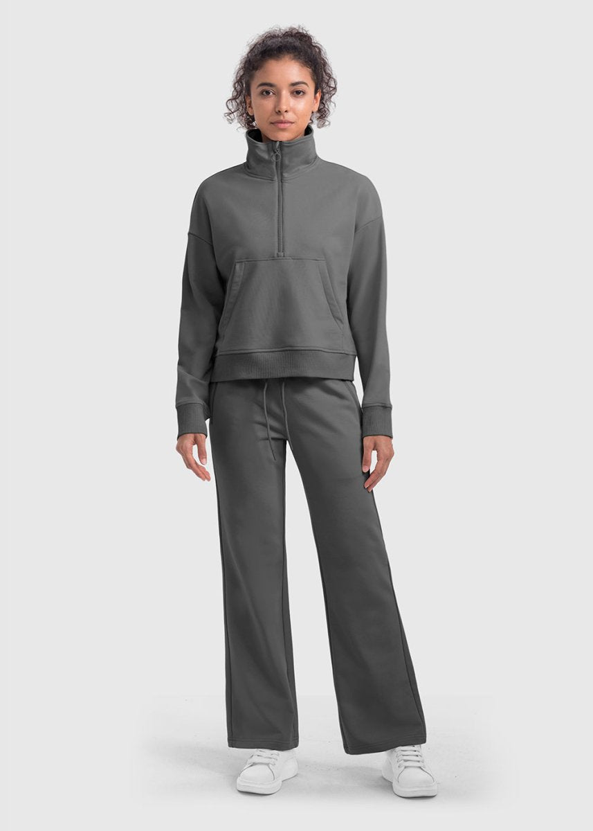 Women's 1/2 Zip Stand collar Pullover And Wide Leg Pants - TBMPOY