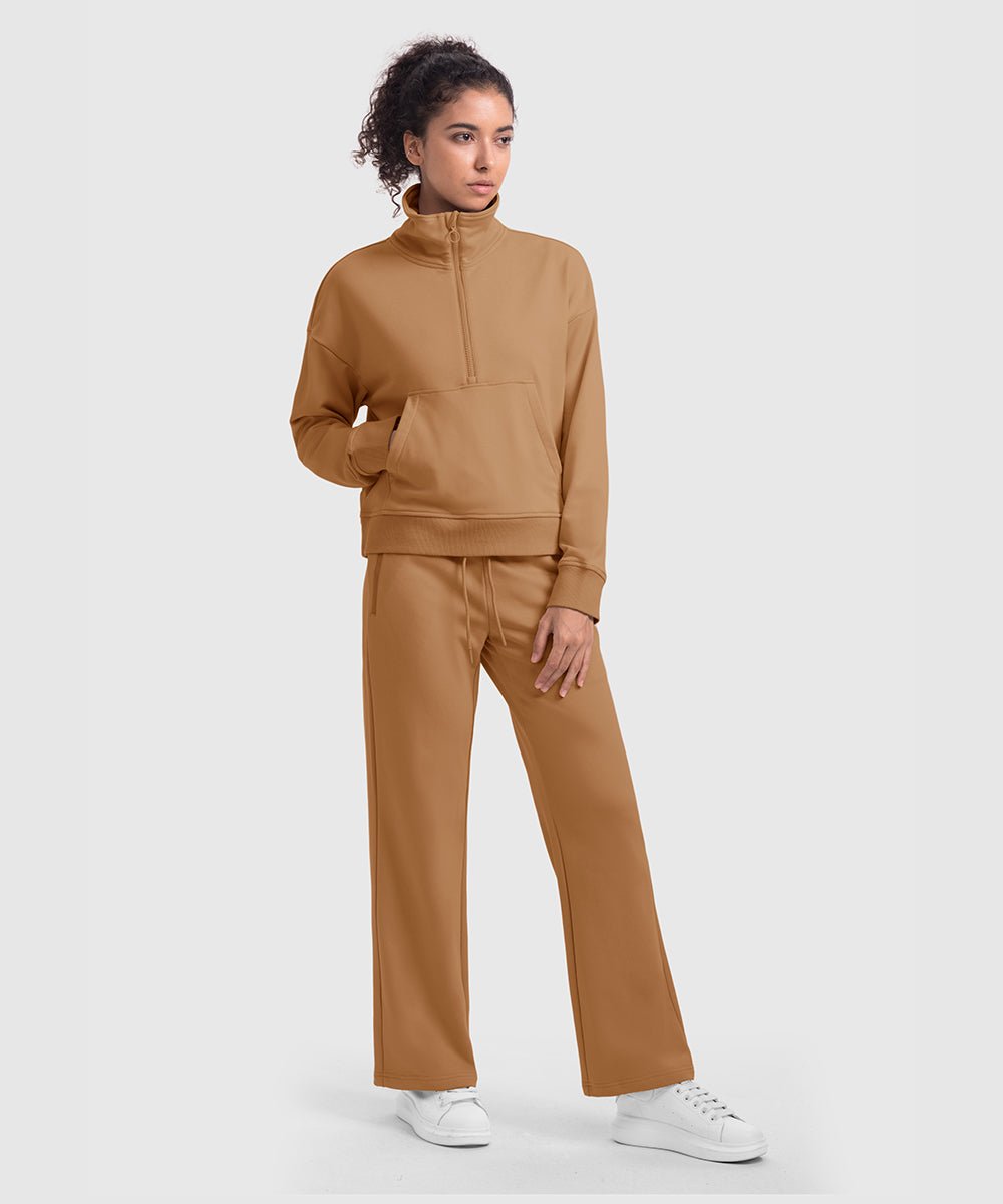 Women's 1/2 Zip Stand collar Pullover And Wide Leg Pants - TBMPOY